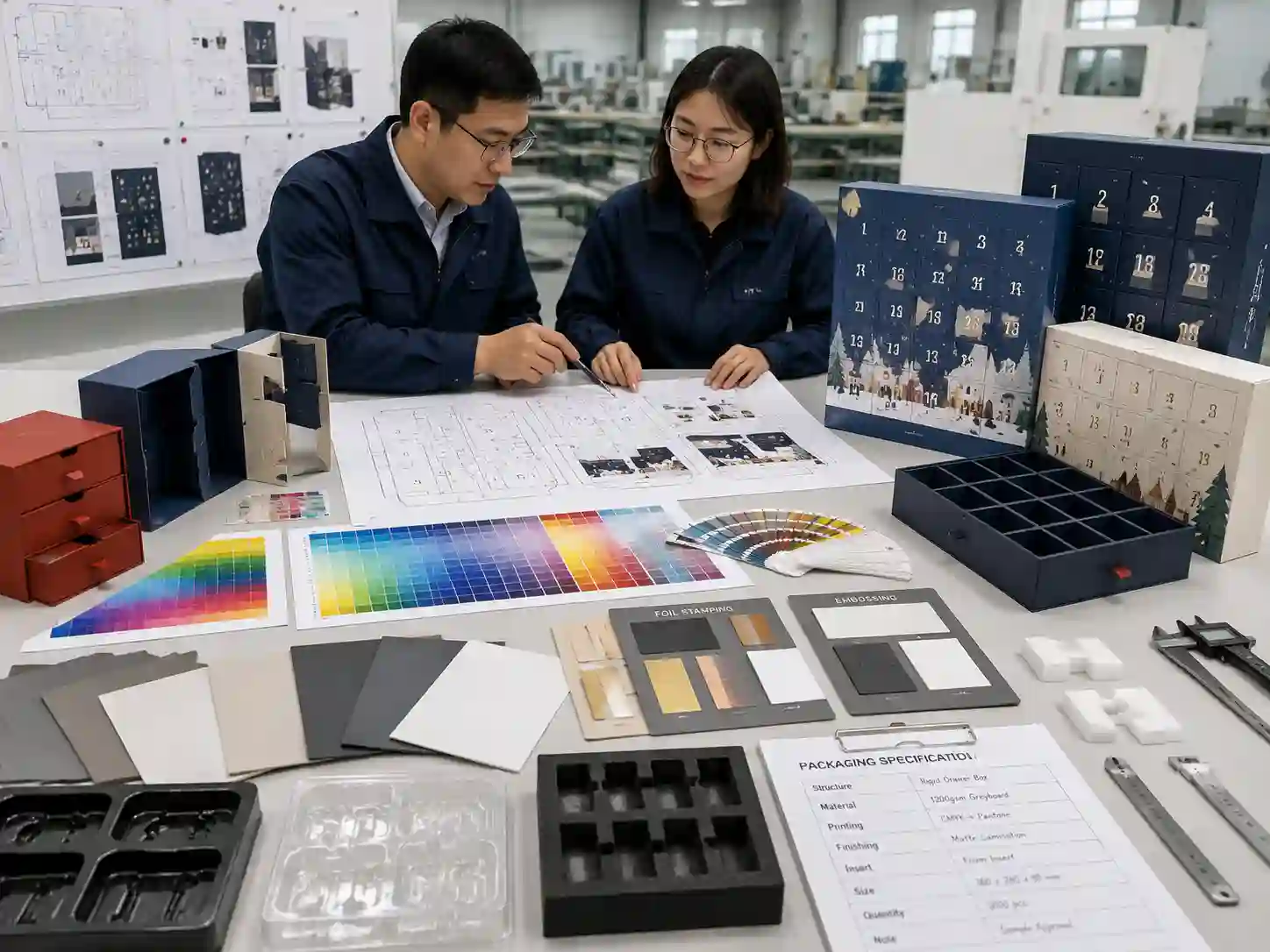 Packaging engineers reviewing advent calendar box artwork proofs, dielines, materials, and insert samples