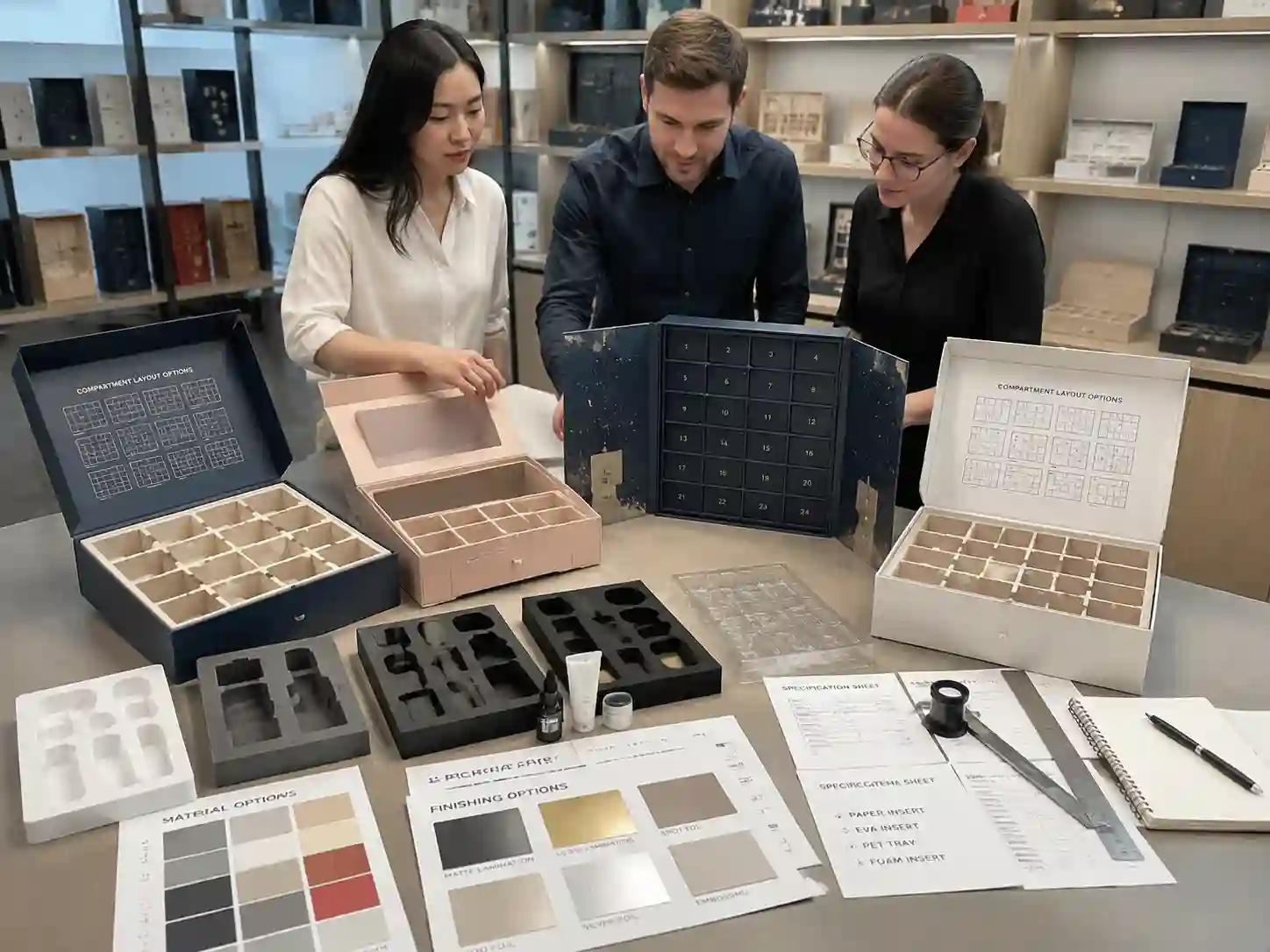 B2B buyers comparing compartment layouts and insert options for custom advent calendar boxes