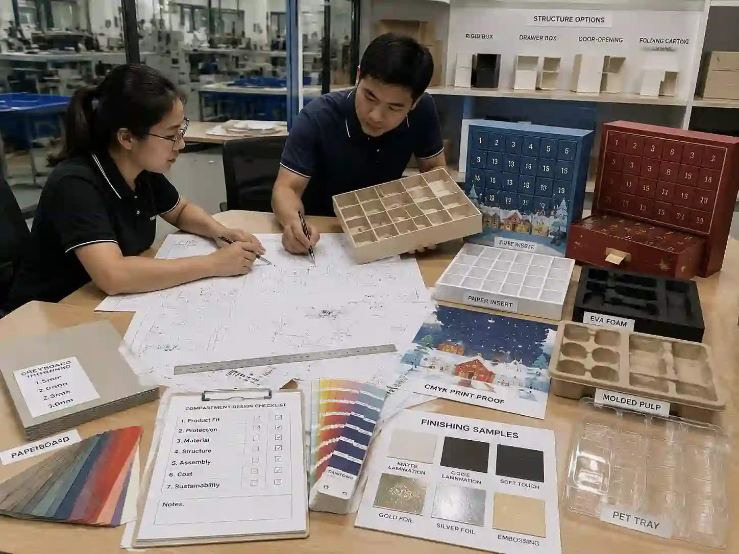 Packaging engineers testing compartment designs and insert materials for advent calendar box production