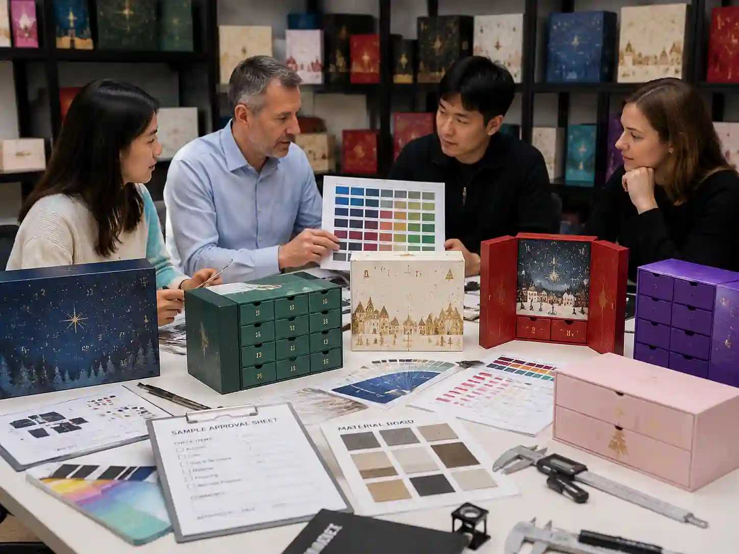 B2B buyers comparing printed advent calendar box samples and color approval references before production