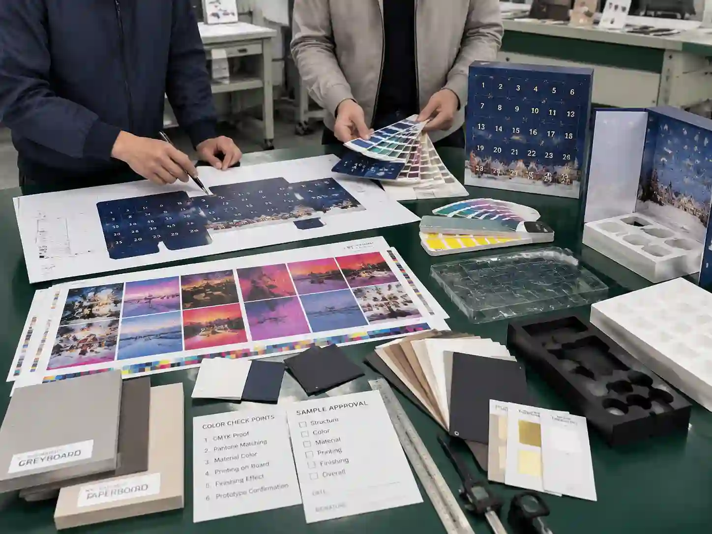 Packaging engineers reviewing color proofs, materials, and prototypes for advent calendar box production