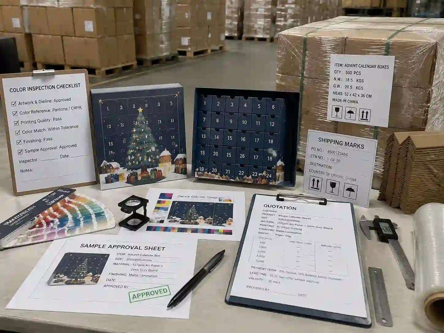 Quality control inspection of printed advent calendar boxes with export packing and approval documents
