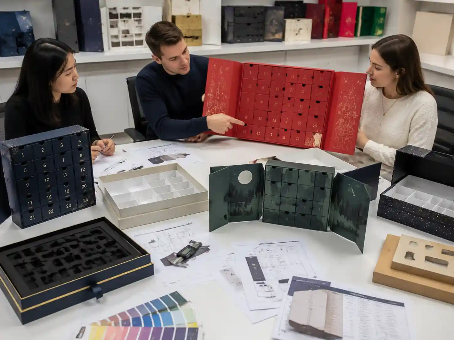 B2B buyers comparing advent calendar box structures and inserts to improve unboxing experience