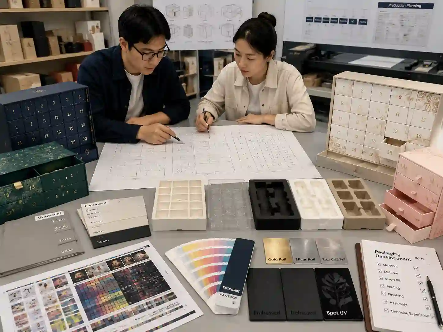 Packaging engineers developing advent calendar box samples with inserts and printing materials