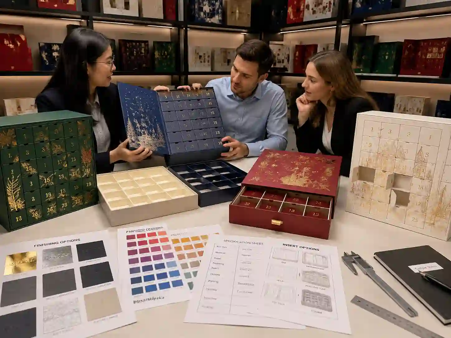 B2B buyers comparing premium advent calendar box structures and finished packaging samples