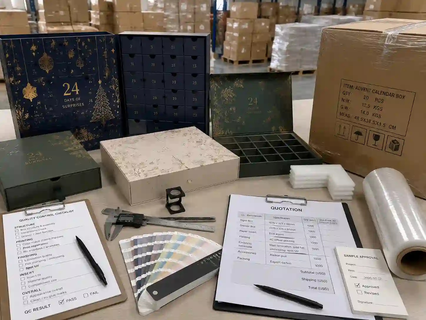 Quality control and export packing preparation for premium advent calendar boxes