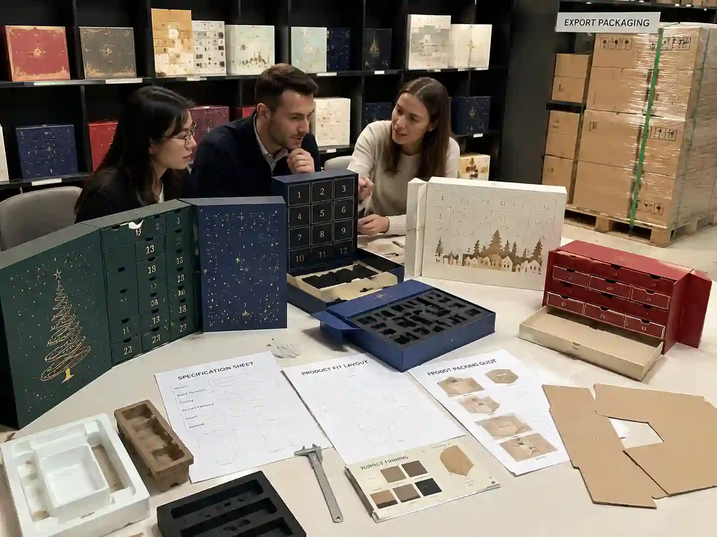 Export-ready advent calendar box structure comparison with rigid, folding carton, drawer, and door-opening packaging samples