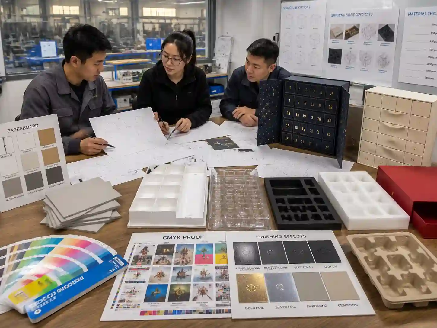 Packaging engineers reviewing advent calendar box dielines, materials, inserts, and printing samples for export production
