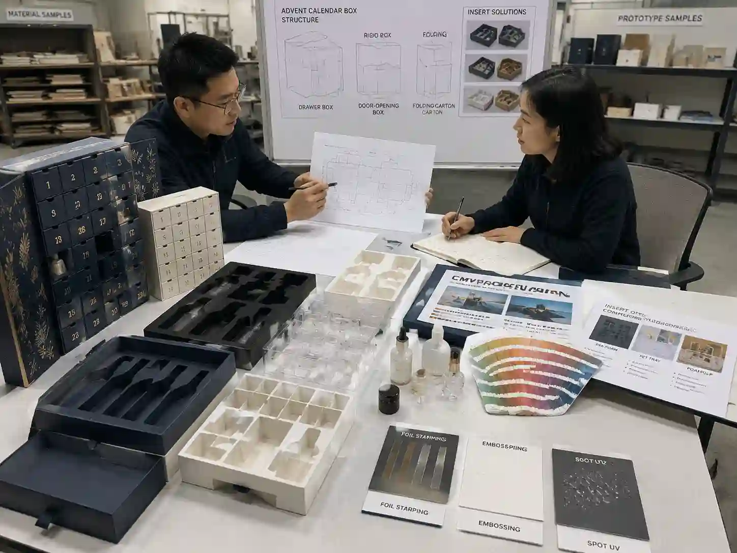 Packaging engineers testing inserts and materials for fragile advent calendar box production