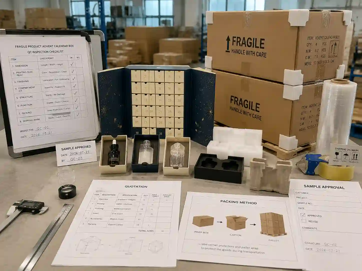 Quality control and export packing preparation for fragile custom advent calendar boxes