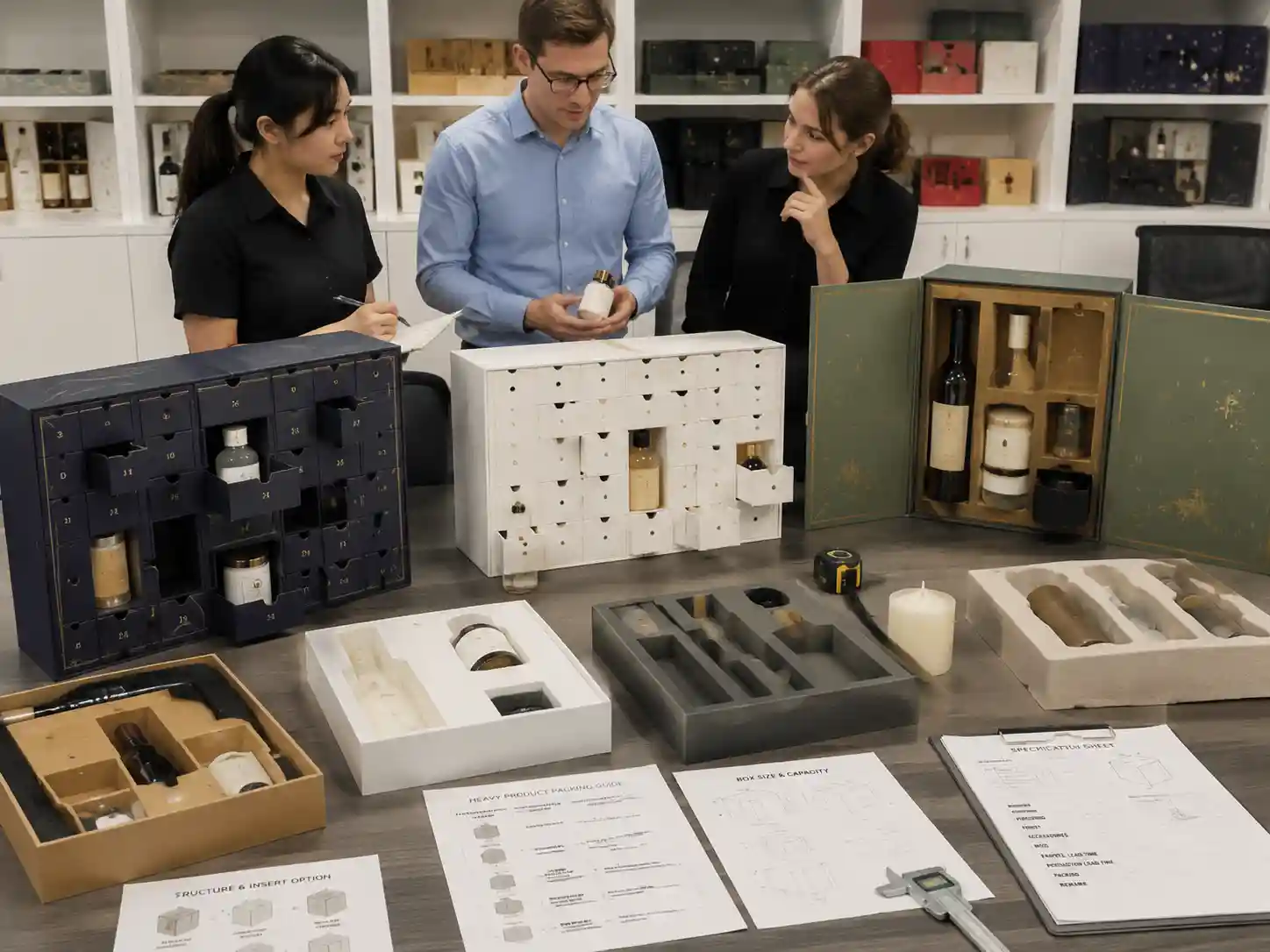 B2B buyers comparing strong advent calendar box structures for heavy products with inserts and product fit samples