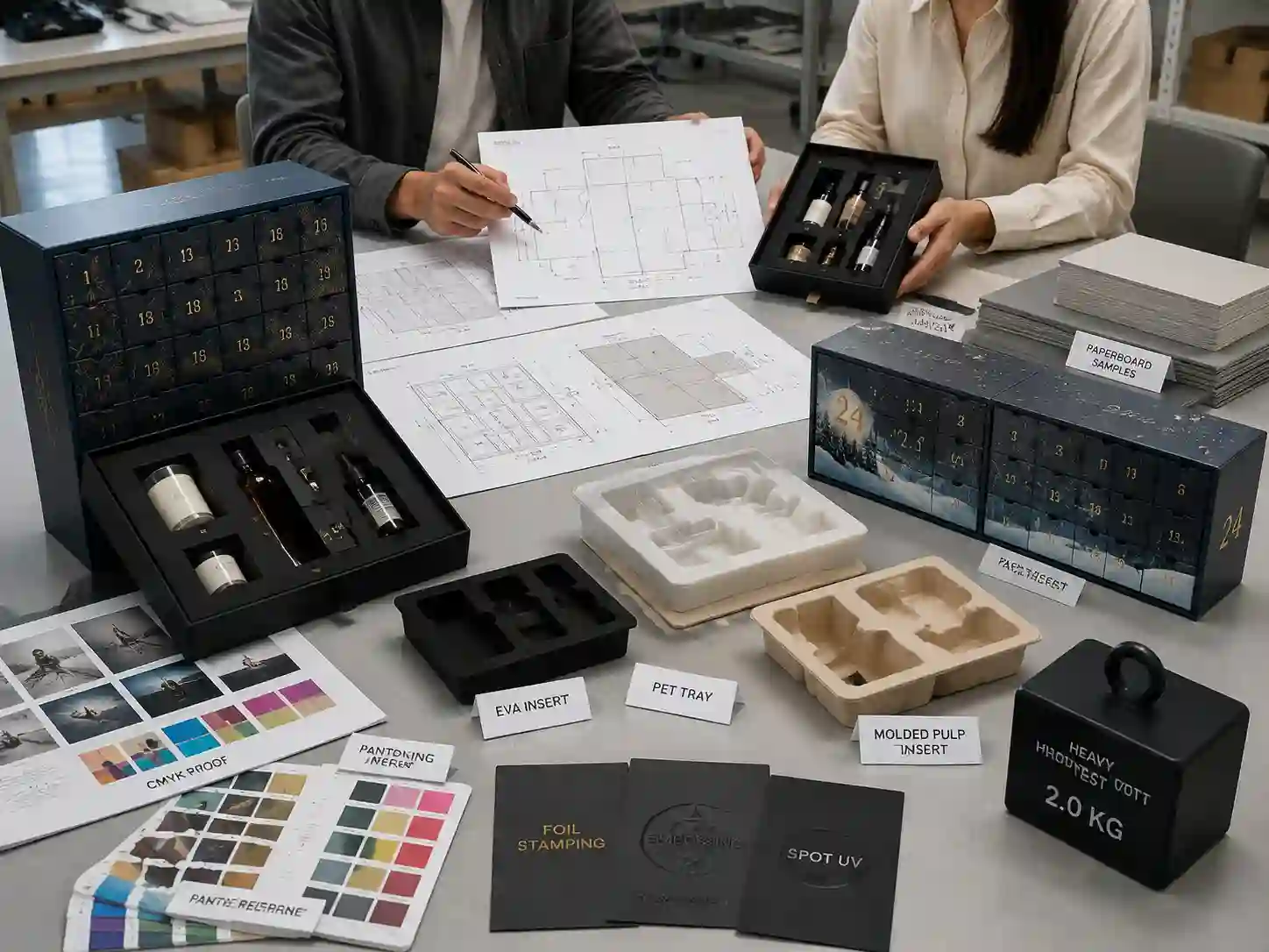 Packaging engineers testing inserts and materials for heavy product advent calendar box production