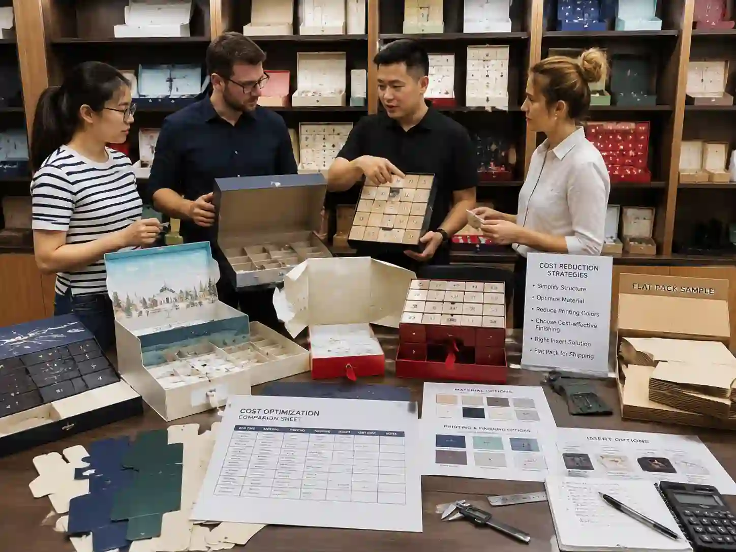 B2B buyers comparing cost optimized custom advent calendar box structures including rigid boxes, drawer boxes, and folding cartons