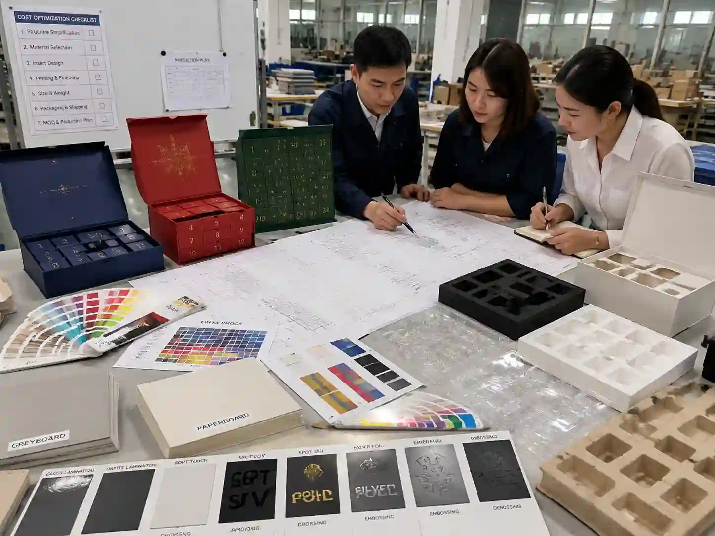 Packaging engineers reviewing advent calendar box dielines, materials, inserts, artwork proofs, and prototypes for cost control