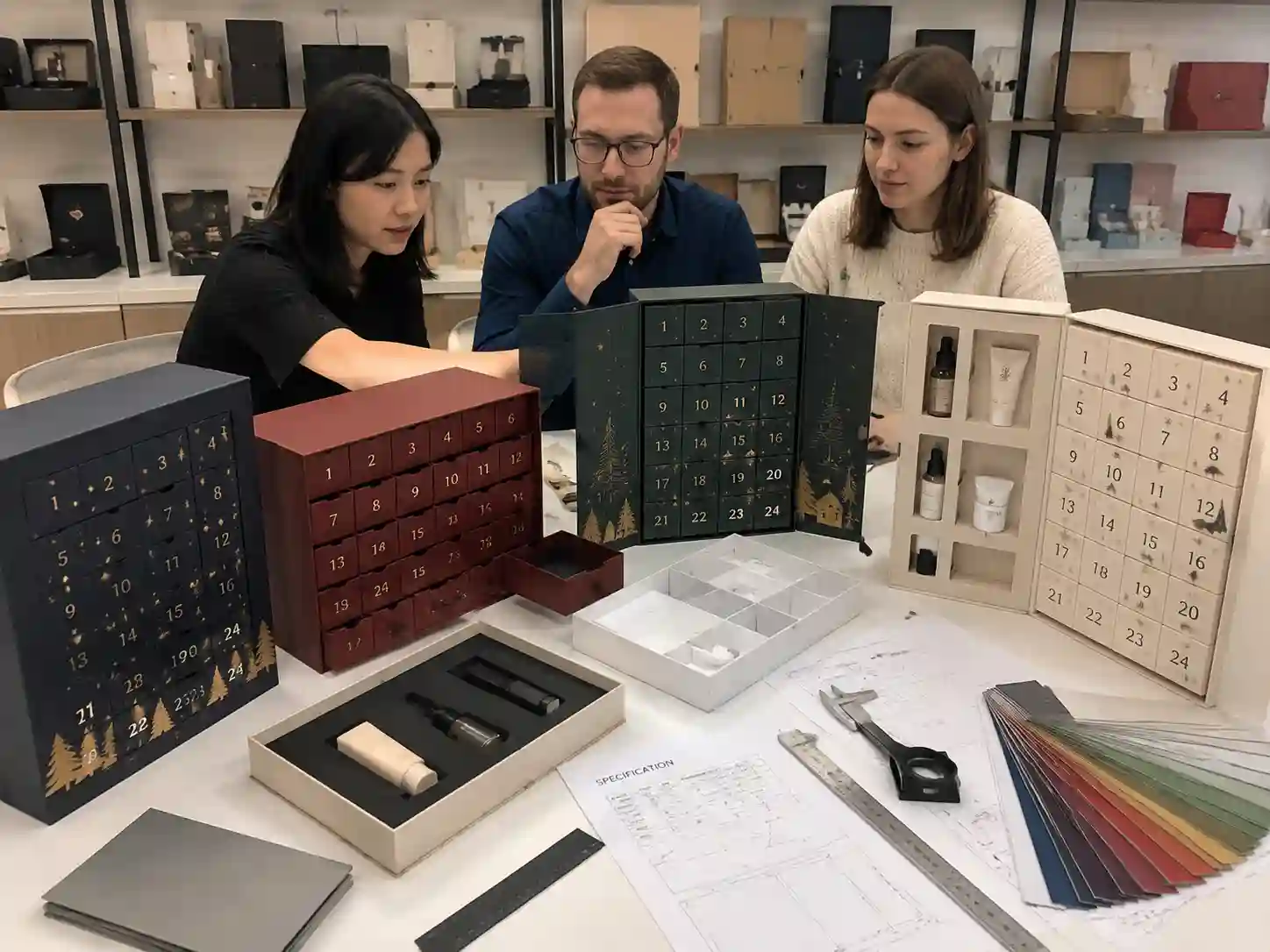 B2B buyers comparing advent calendar box structures and product-fit samples for bulk production planning
