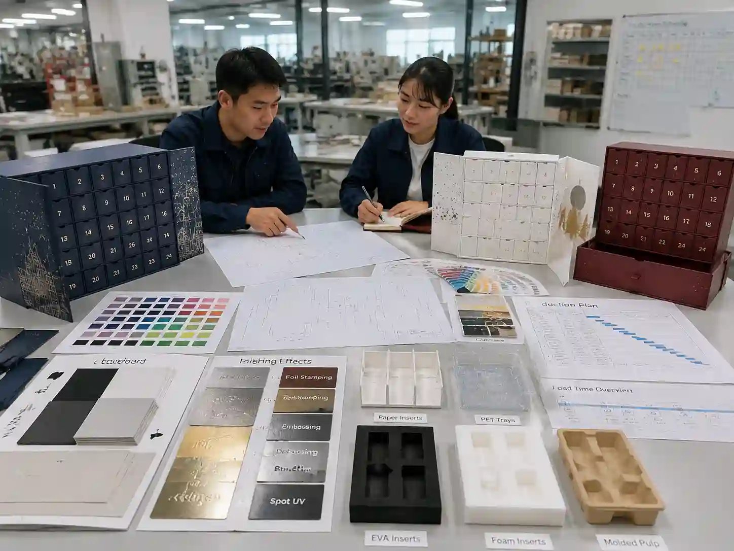 Packaging engineers testing inserts, dielines, and materials before advent calendar box bulk production