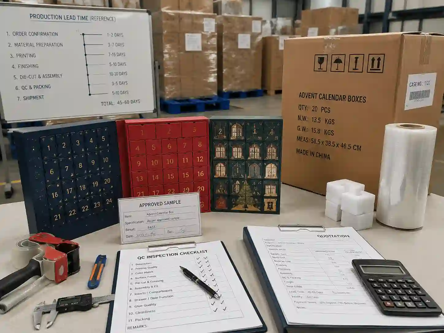 Quality control and export packing inspection for advent calendar box bulk production orders