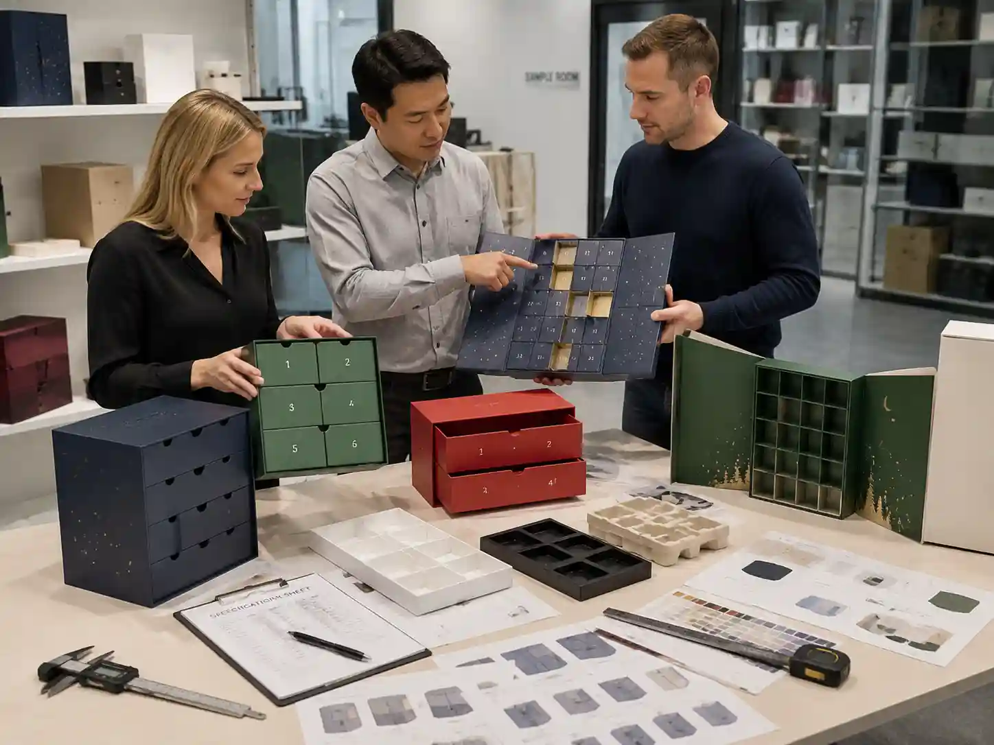 B2B buyers comparing custom advent calendar box samples with different structures and compartment layouts