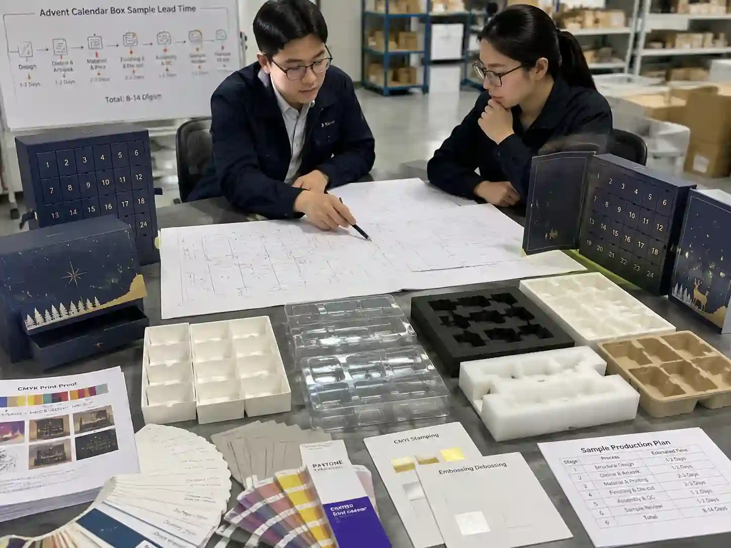 Packaging engineers developing advent calendar box prototypes with dielines materials and printing samples