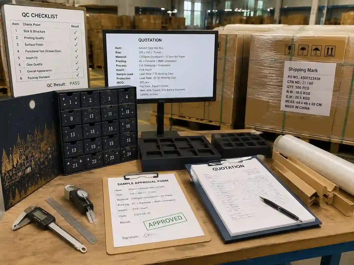 QC inspection and export packing preparation for approved advent calendar box samples