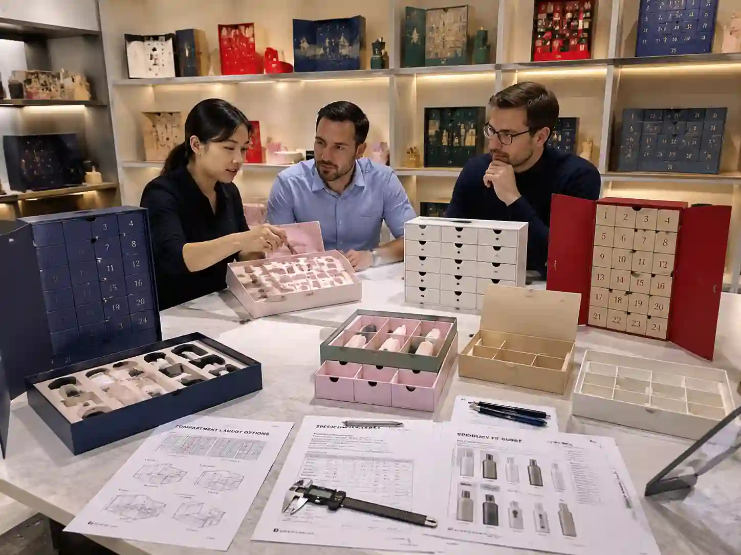 B2B comparison of advent calendar box compartment layouts and custom packaging structures