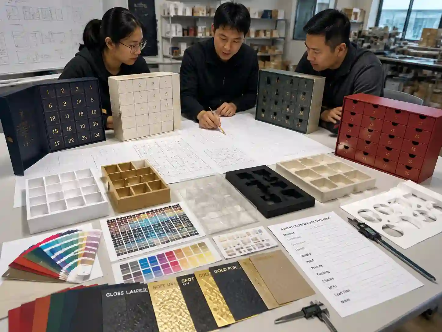 Packaging engineers developing advent calendar box compartments with inserts and material samples