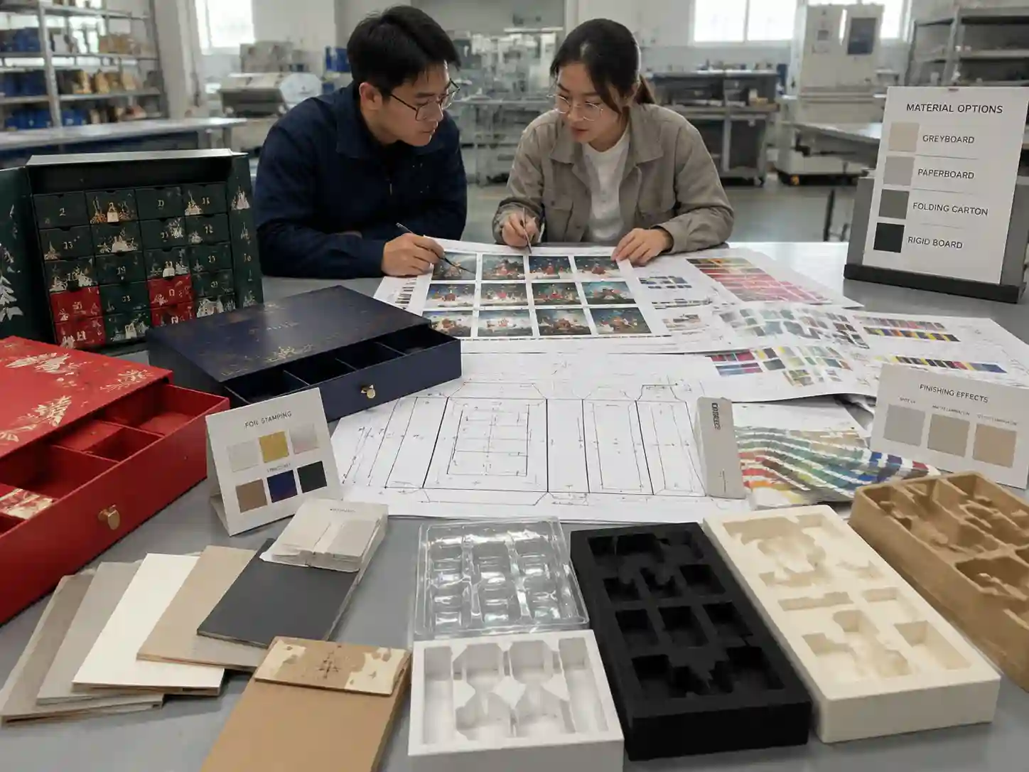 Packaging engineers reviewing artwork proofs, dielines, materials, and finishing samples for custom advent calendar box production