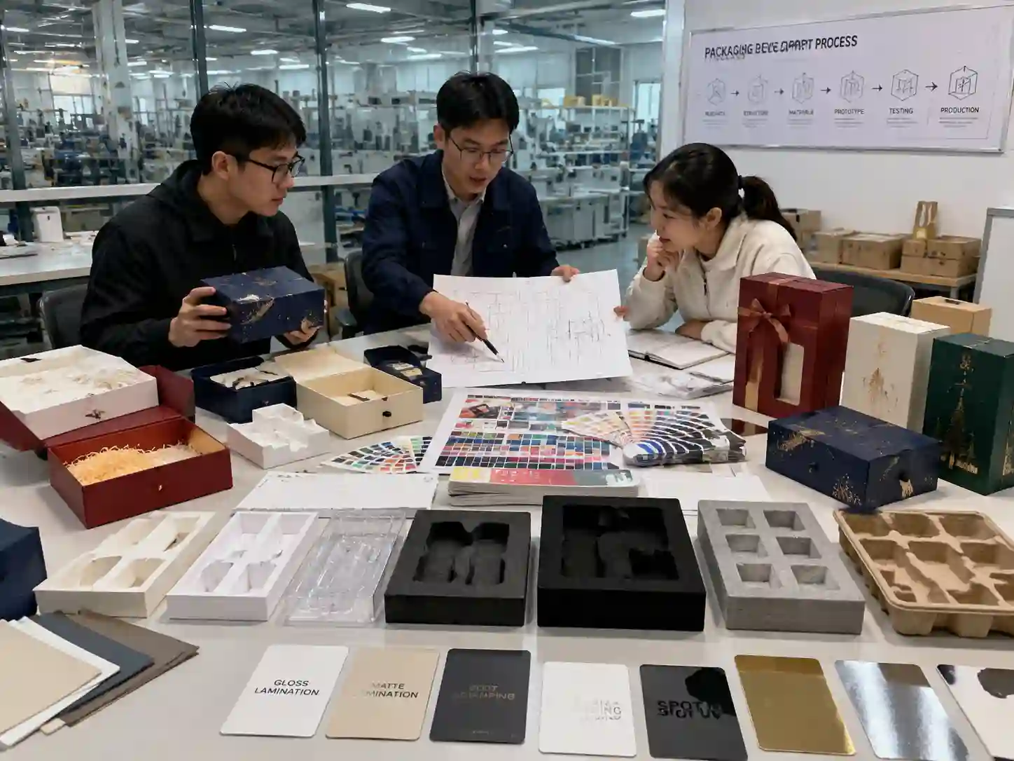 Packaging engineers reviewing custom holiday gift box prototypes, materials, inserts, and artwork samples