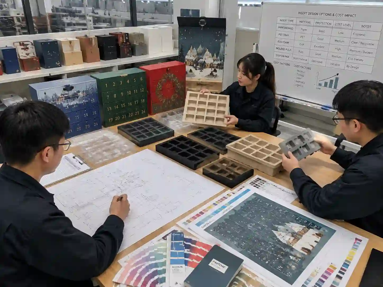 Packaging engineers developing advent calendar box inserts with dielines material samples and prototype testing