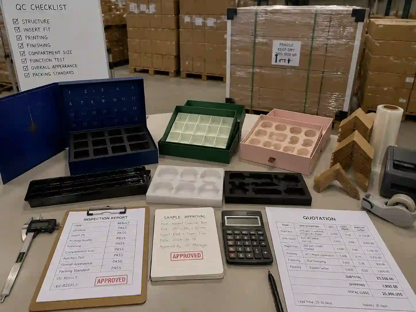 QC inspection and export packing preparation for custom advent calendar boxes with insert design approval documents