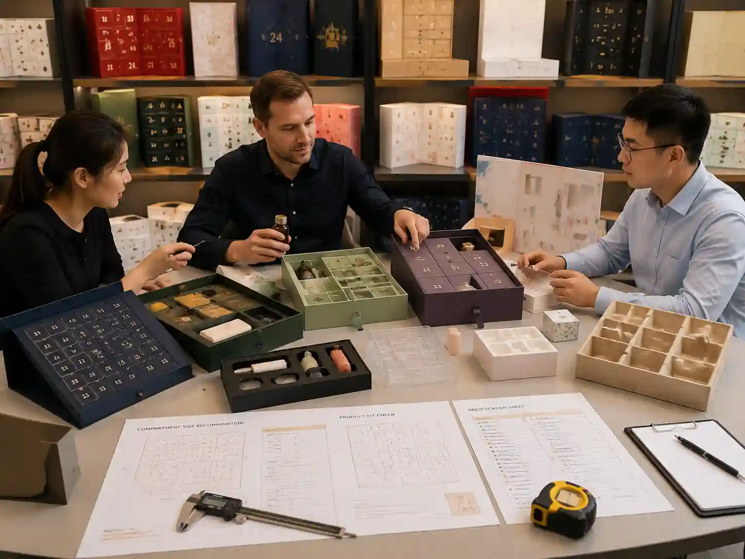 B2B buyers comparing advent calendar box compartment space and insert layouts with product fit samples
