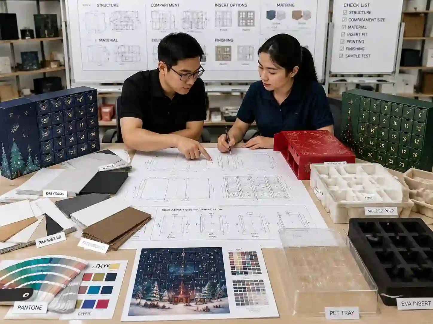 Packaging engineers testing advent calendar box compartment dimensions with inserts and prototype samples
