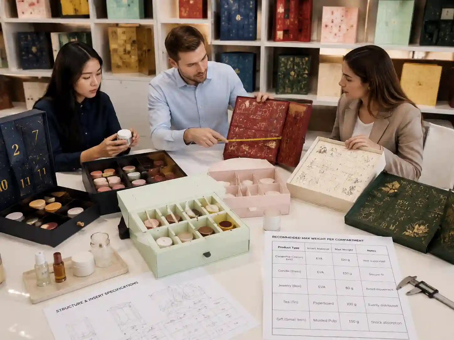 B2B comparison of advent calendar box structures and product weight capacity samples