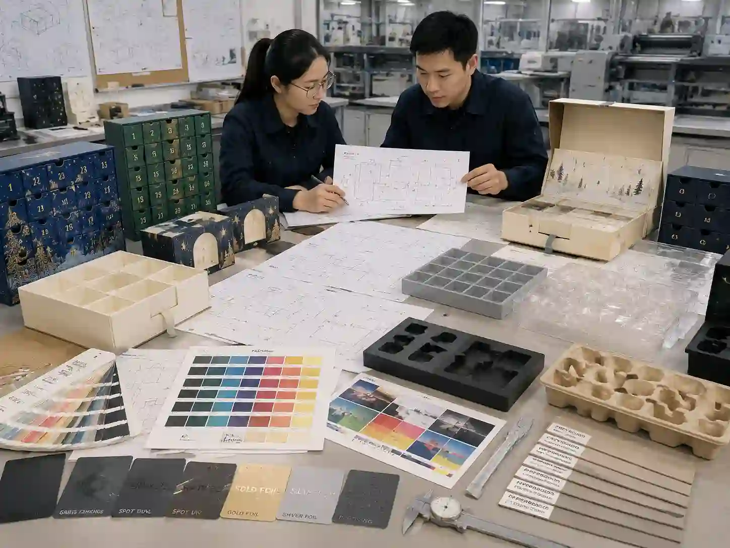 Packaging engineers testing materials and inserts for advent calendar box weight capacity