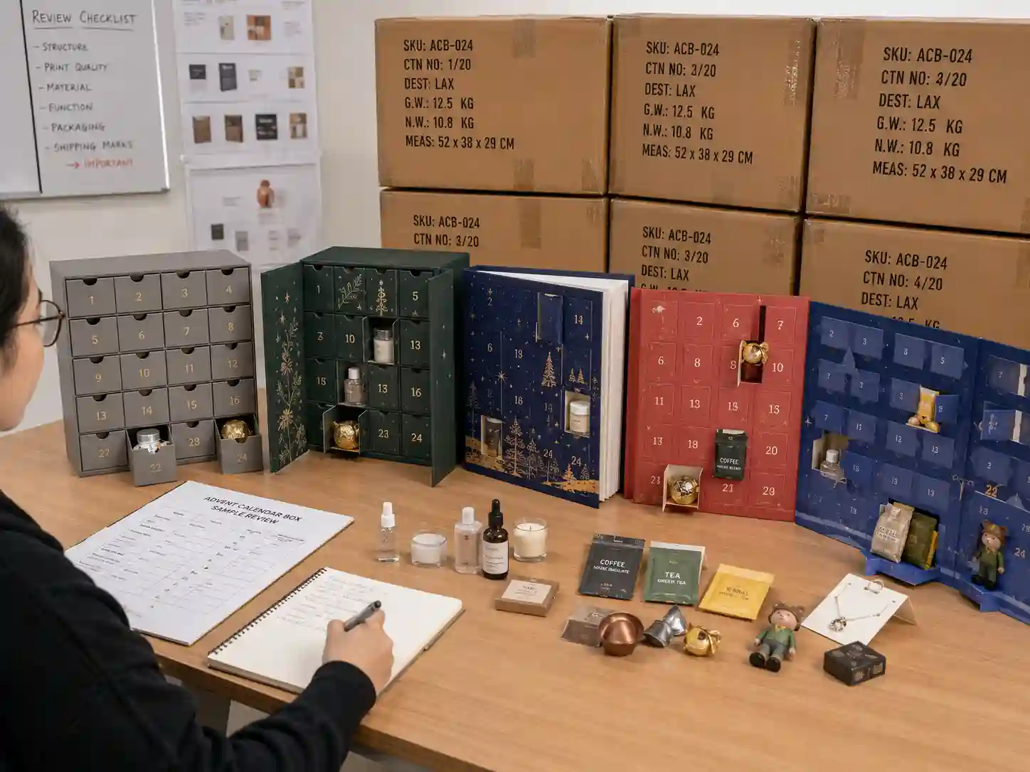 Finished advent calendar box structures and export cartons with generic shipping marks for multiple product categories