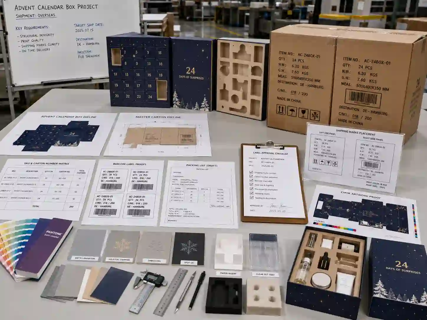 Factory planning table with advent calendar dielines, shipping-mark layouts, barcode proofs, inserts, and sample approval documents