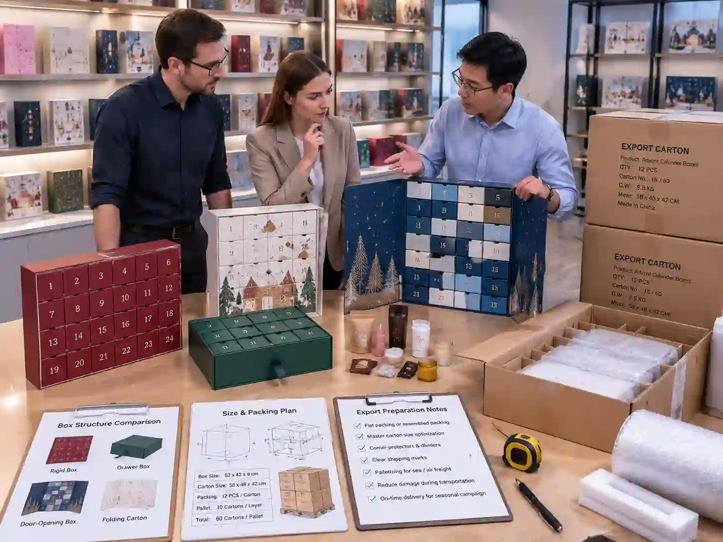 B2B buyers comparing advent calendar box structures and export packing options in a packaging factory showroom