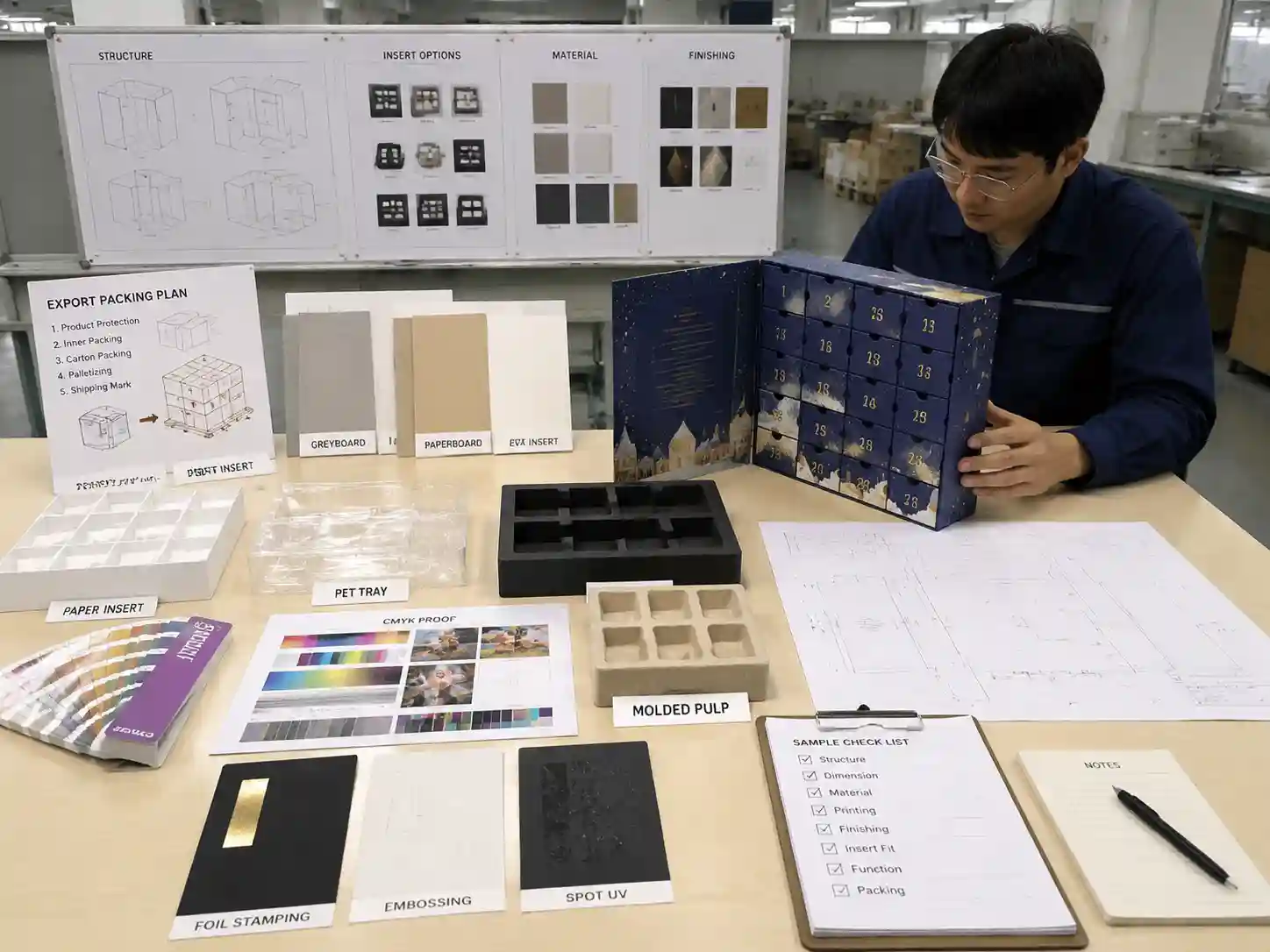 Packaging engineer reviewing advent calendar box materials, inserts, dielines, and production samples