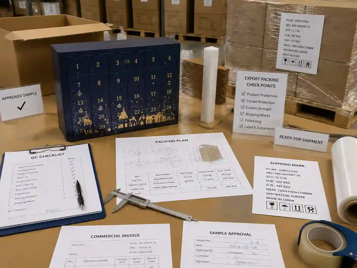 QC inspection and export packing preparation for advent calendar boxes with cartons and shipping documents