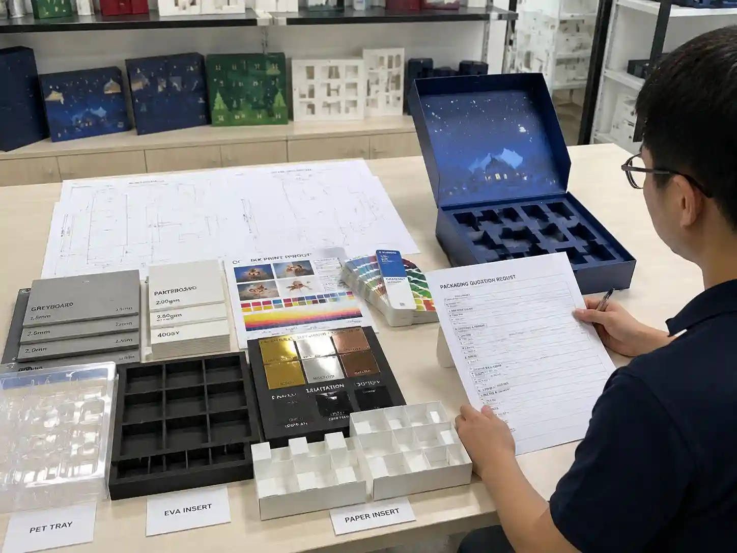 Packaging engineering table with dielines materials samples and quotation preparation documents