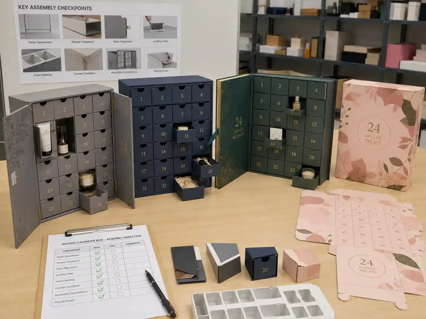 Finished advent calendar box structures being compared for assembly alignment, drawer clearance, door function, and insert fit
