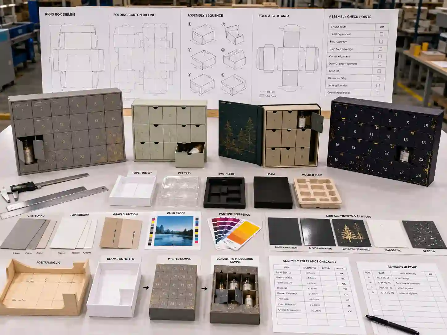 Advent calendar packaging development table with dielines, materials, inserts, proofs, prototypes, and assembly tolerance records