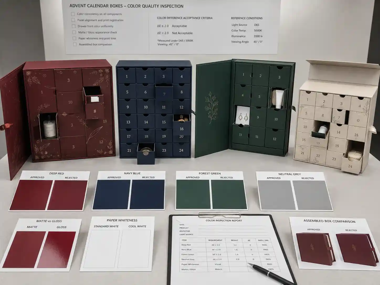 Finished custom advent calendar box samples compared for printing and component color differences