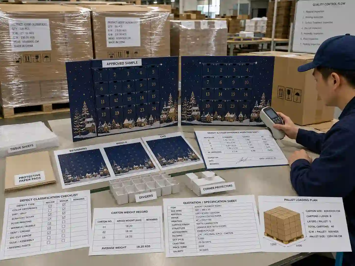 Quality-control inspection of advent calendar box colors before export packing