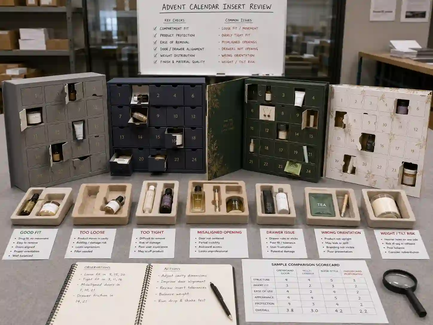 Finished advent calendar packaging samples comparing correct and incorrect product insert fit