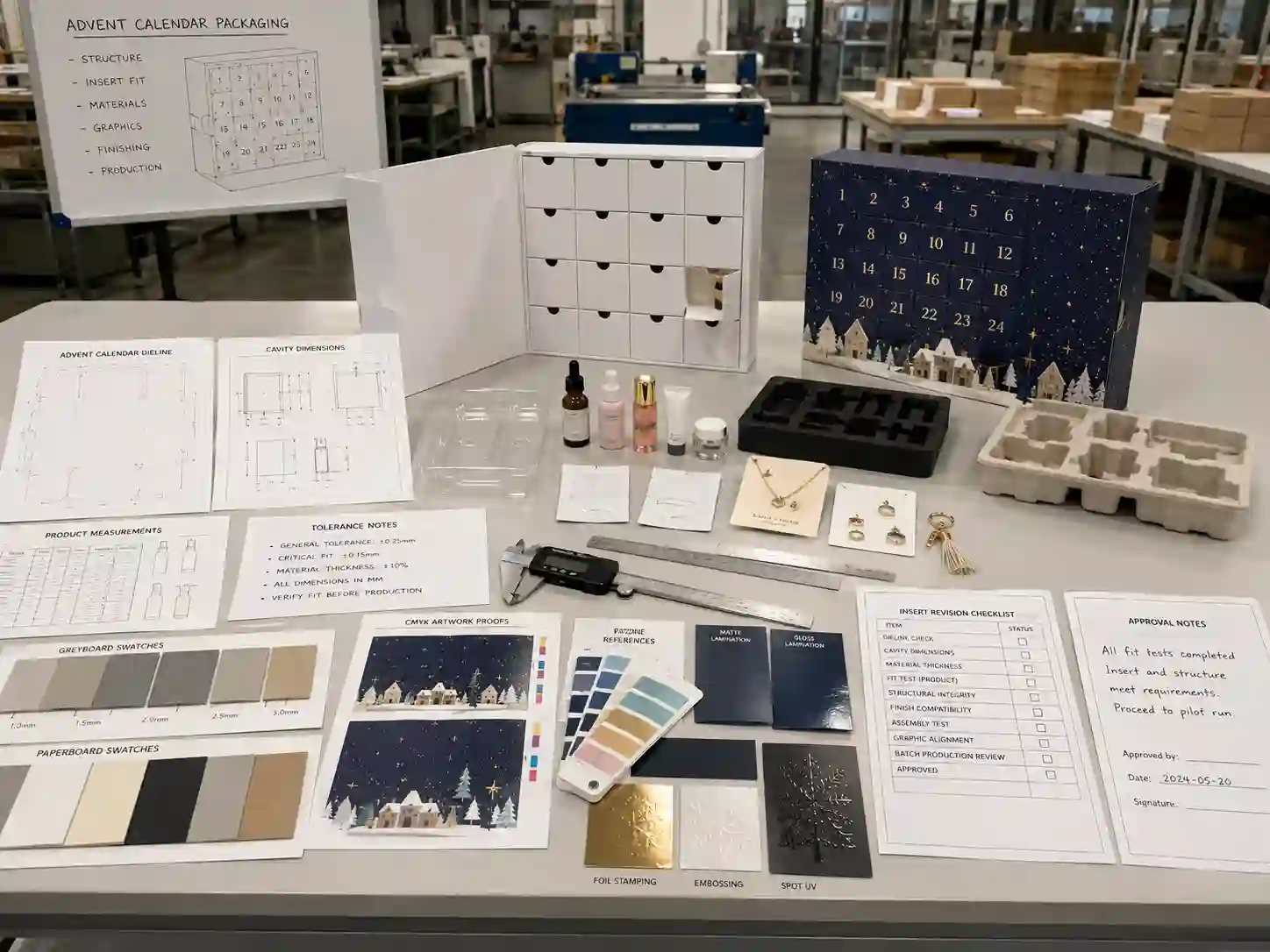 Packaging development table with advent calendar insert materials, dielines, product samples, and tolerance checks