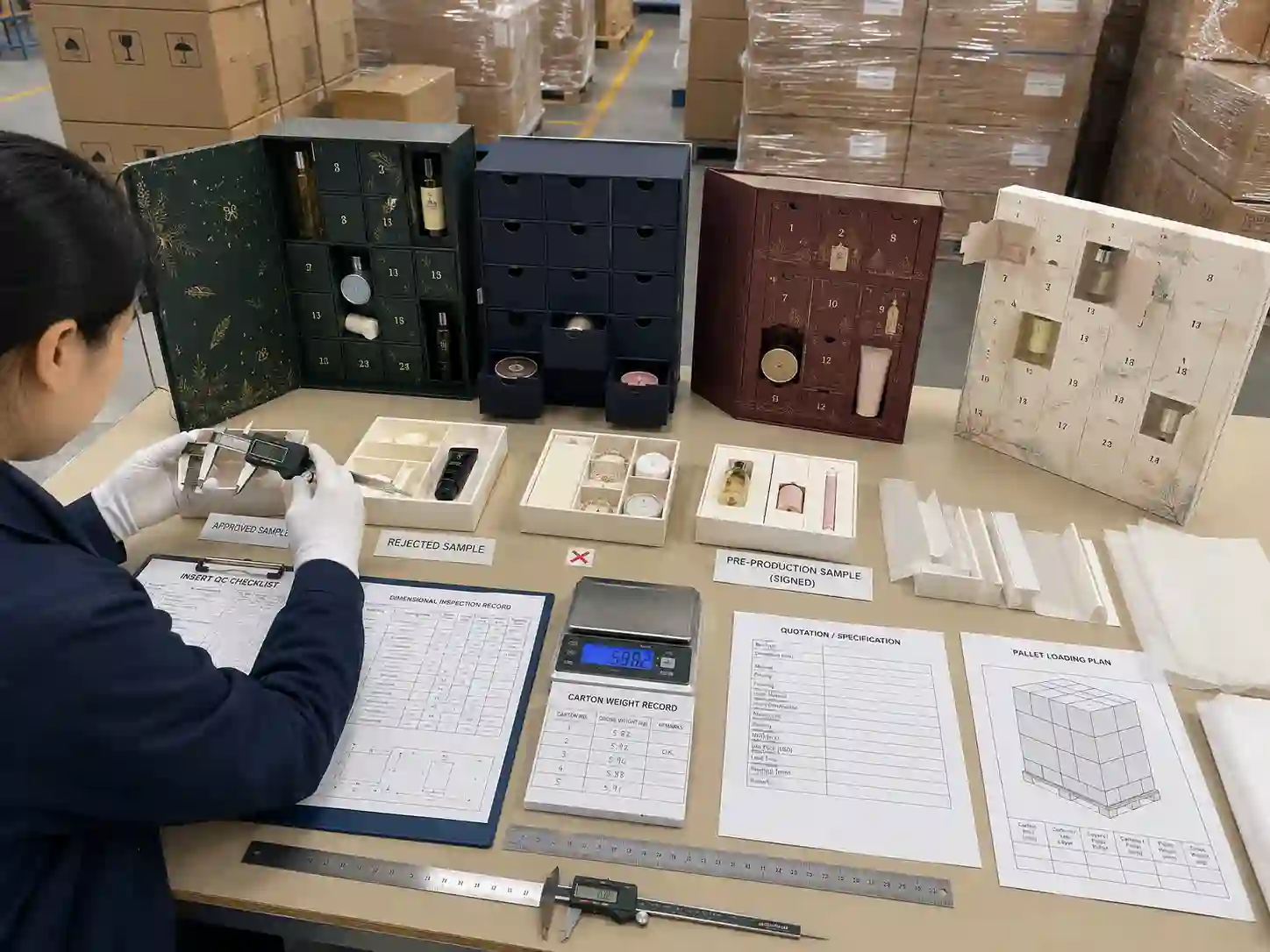Factory quality-control inspection of advent calendar inserts, loaded products, export cartons, and quotation documents