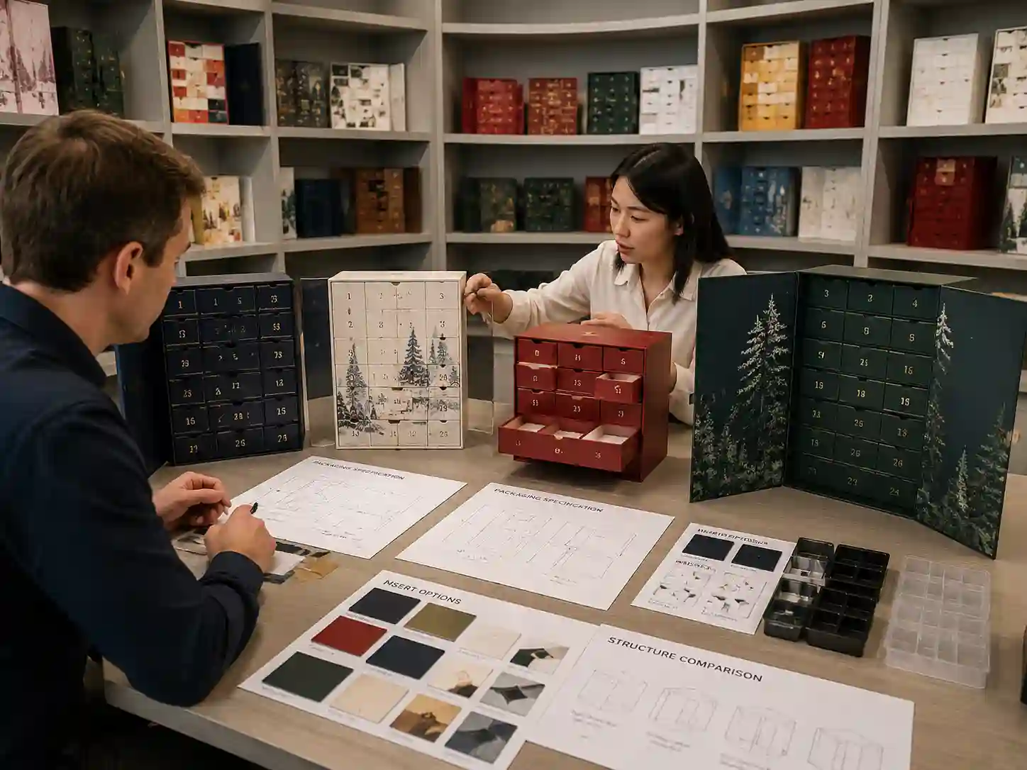 Buyer comparing custom advent calendar box structures to avoid low-quality suppliers