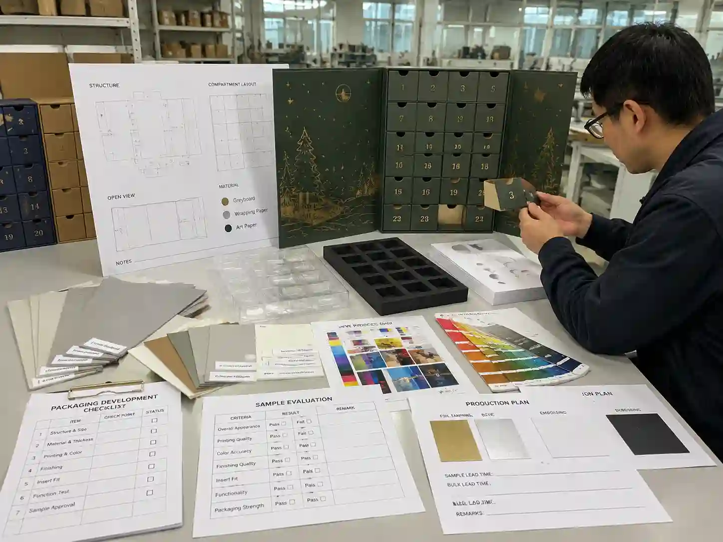 Packaging development table showing materials samples and prototype review process