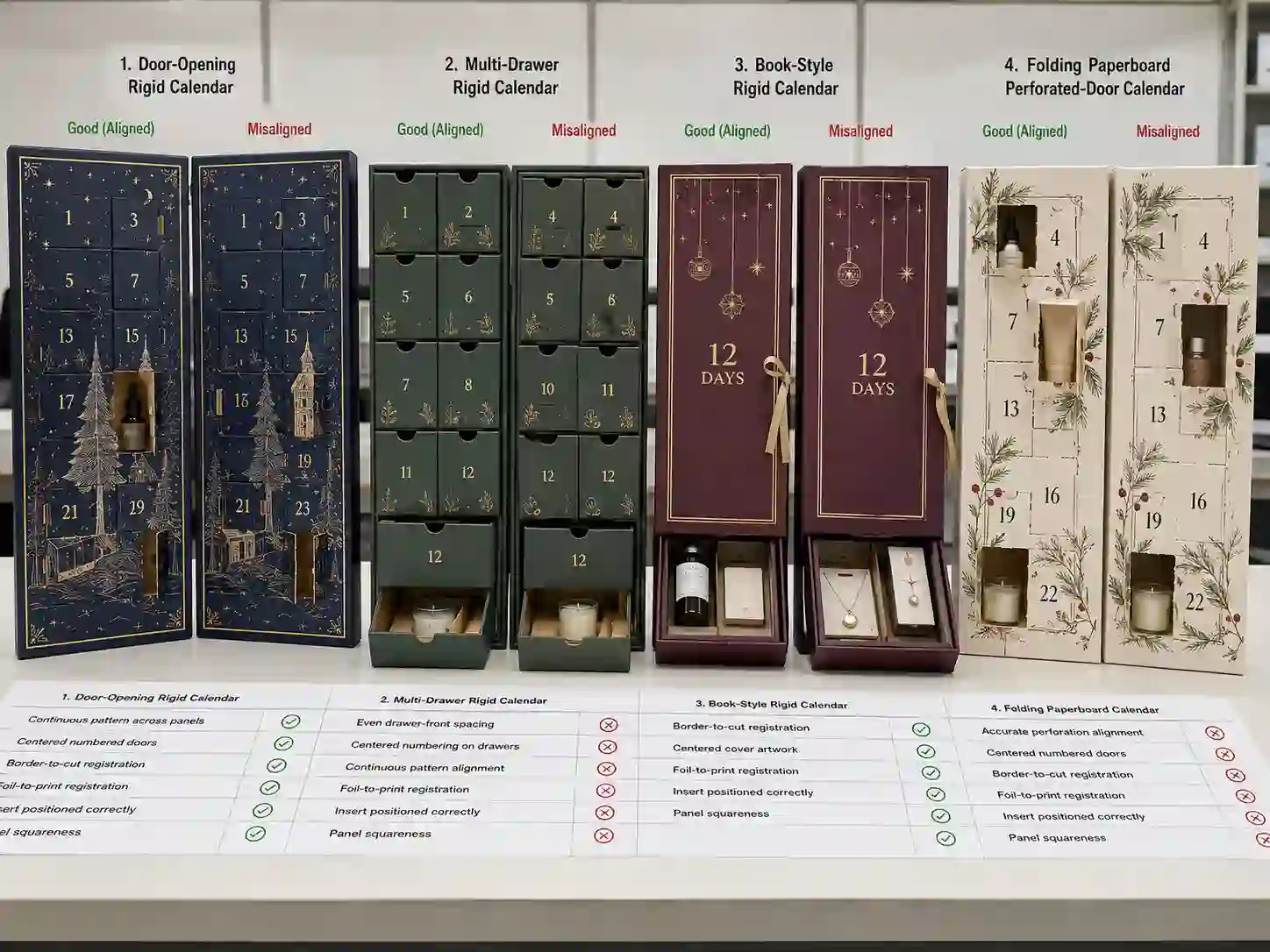 Aligned and misaligned printed advent calendar box samples compared during a B2B packaging review